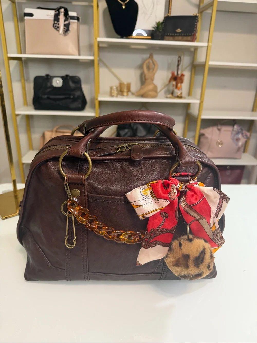 Frye Melissa Domed Satchel Dark Brown Leather with Red Accent Scarf & Charms